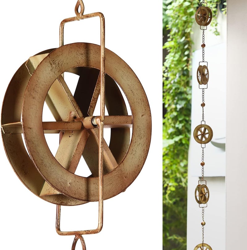 AINISIS 5-7/10-Feet Gutter Rain Chain,Water Wheel Rain Catcher Chain Outdoor Garden Decorative Art - Image 1